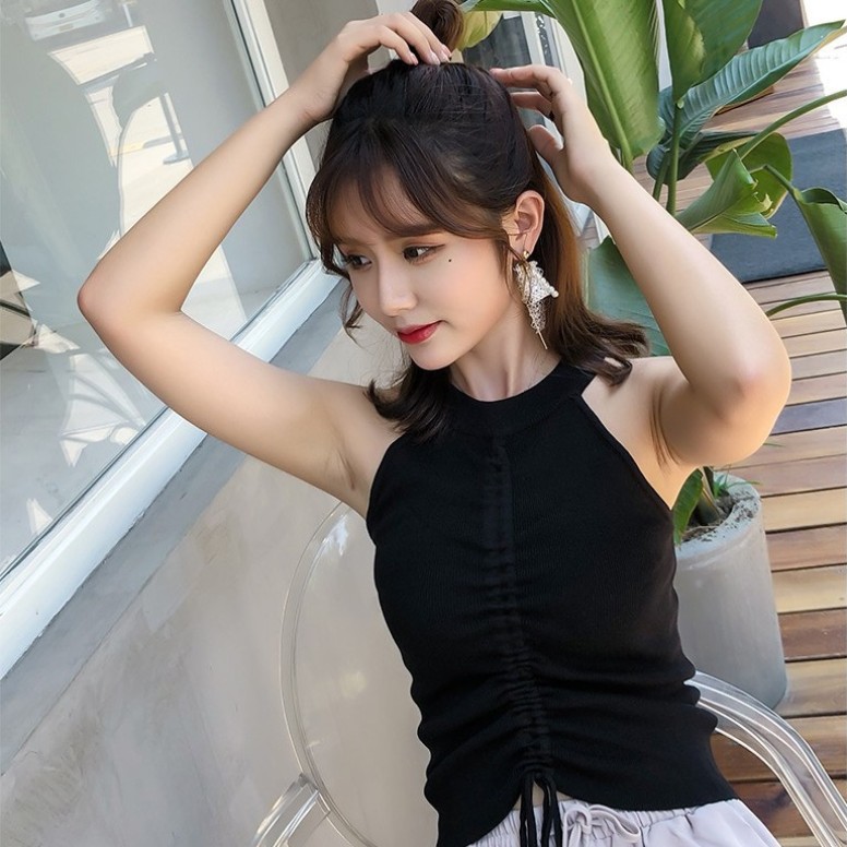 Sleeveless Knitted Drawstring Halterneck Suspender Top