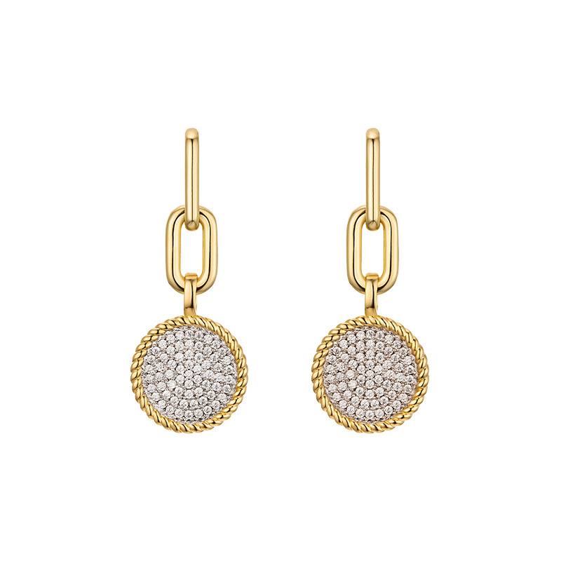 Female Silver Needle Chain Diamond Circle Earrings