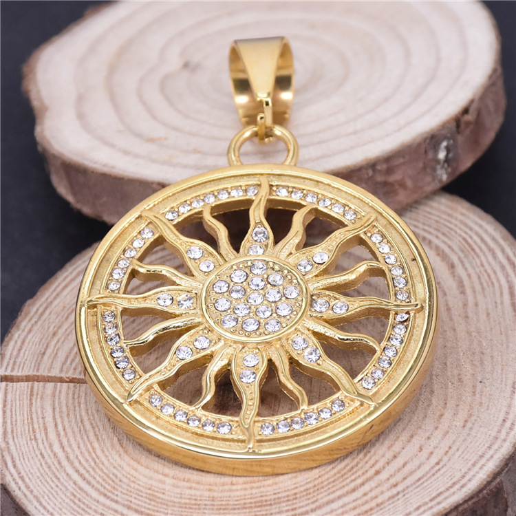 Round Necklace Stainless Steel Pendant Punk Style Sunflower Titanium Steel Retro Pendant