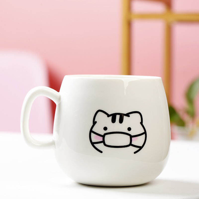 Cute Expression Ceramic Mug With Lid Spoon Water Cup Tea Cup Women's Coffee Cup