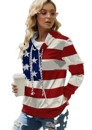 Women's American Flag Casual Urban Sweatshirt Red - Shop at LoveMi