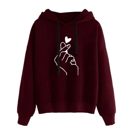 Loose Casual Printed Hooded Women's Sweater Wine Red - Shop at LoveMi