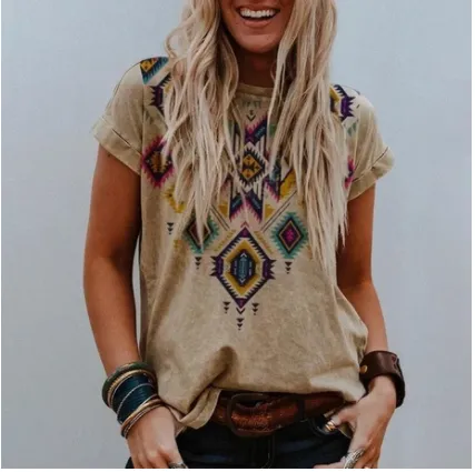 Summer New Round Neck Positioning Printing Short Sleeves Khaki - Shop at LoveMi