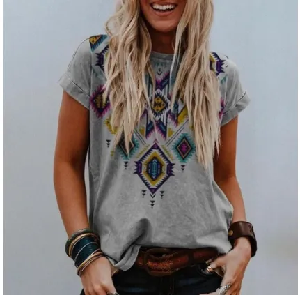 Summer New Round Neck Positioning Printing Short Sleeves Grey - Shop at LoveMi