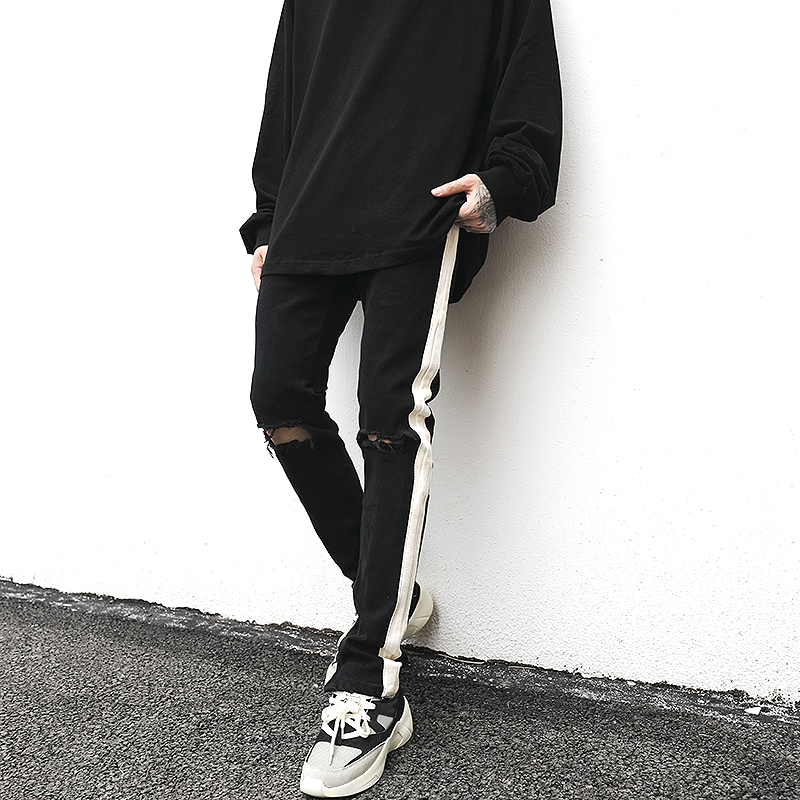 Black And White Webbing Stitching Slim-Fit Stretch Jeans With Holes