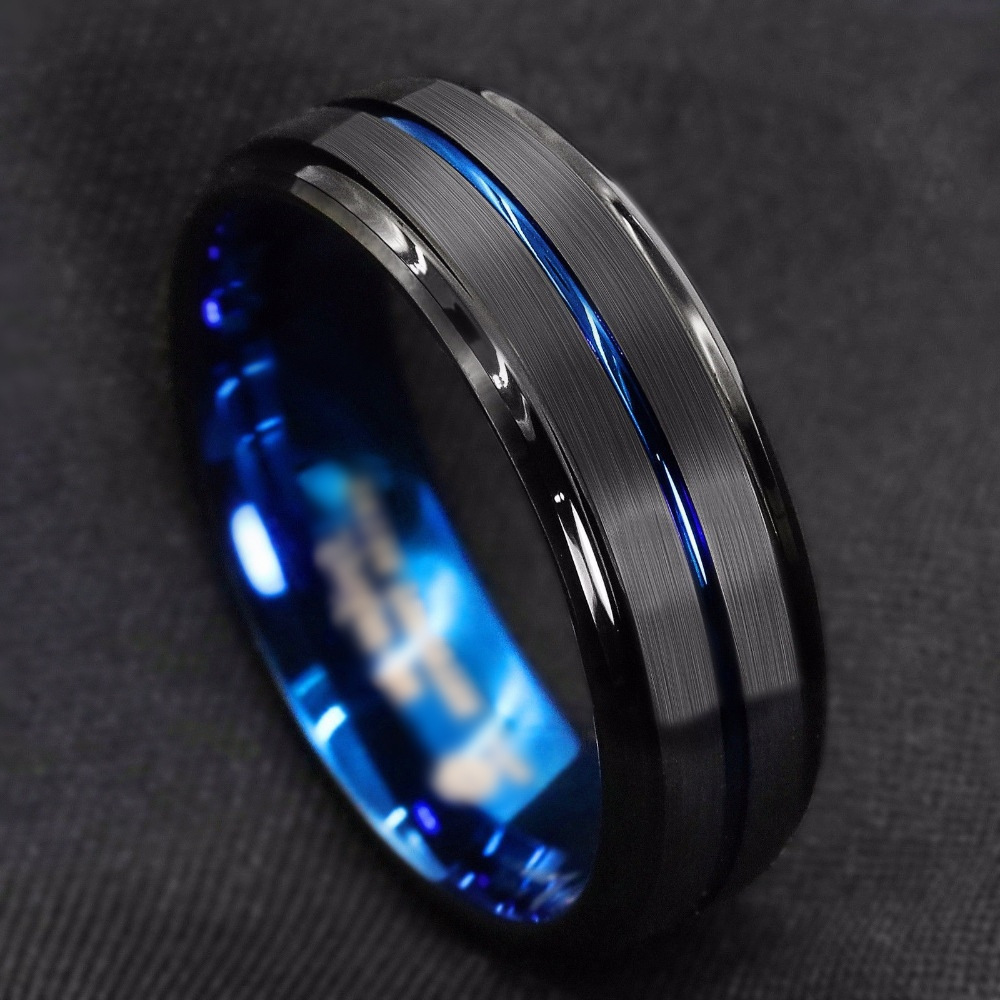 Stainless Steel Black Slotted Ring Inner Blue Men's Ring