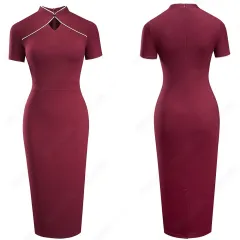 Retro Stand Collar Cut Out Dress With Buttocks - Tan - View 1