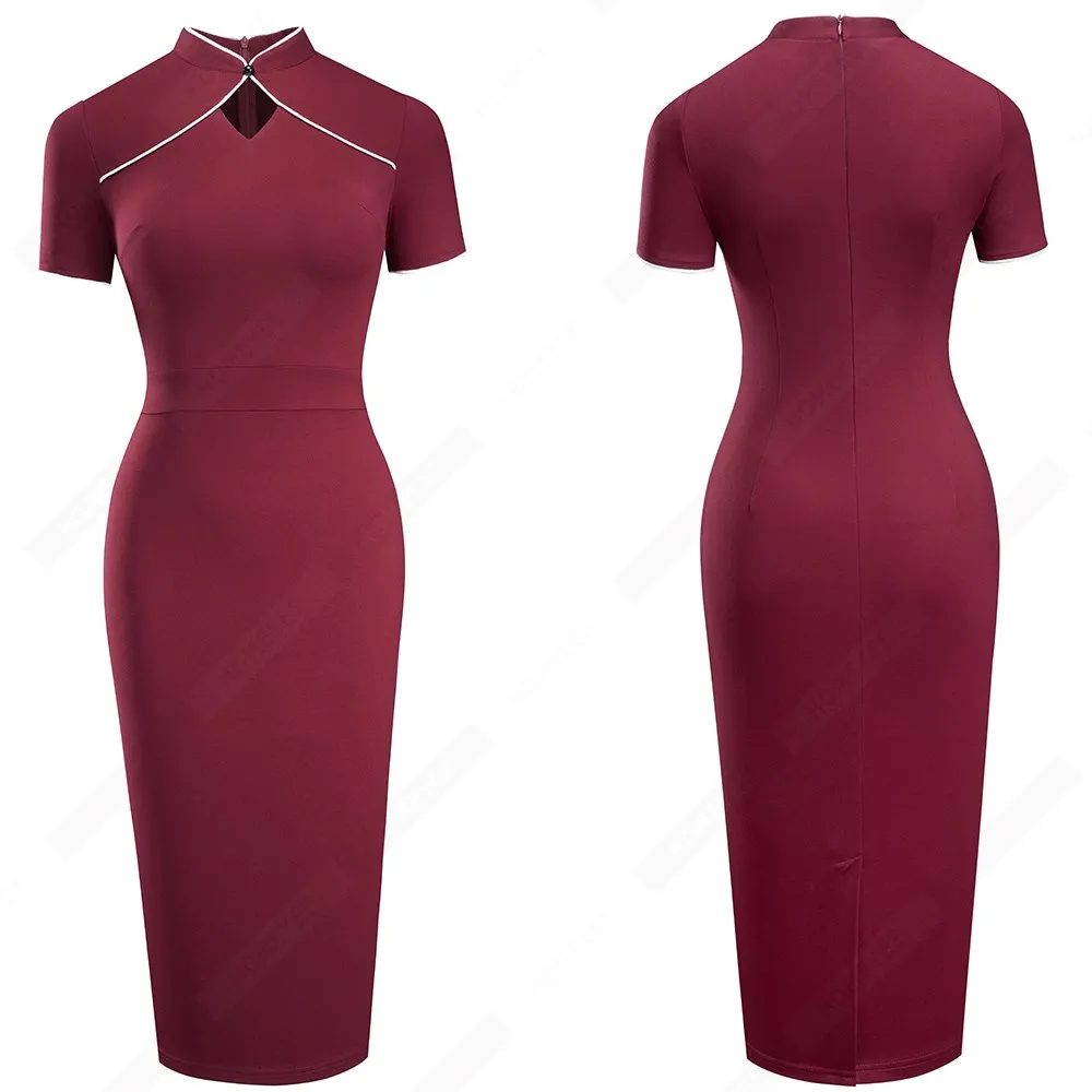 Retro Stand Collar Cut Out Dress With Buttocks - Tan
