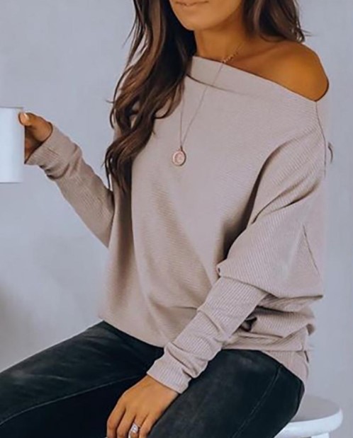 Slanted Shoulder Casual Long Sleeve Knit Top