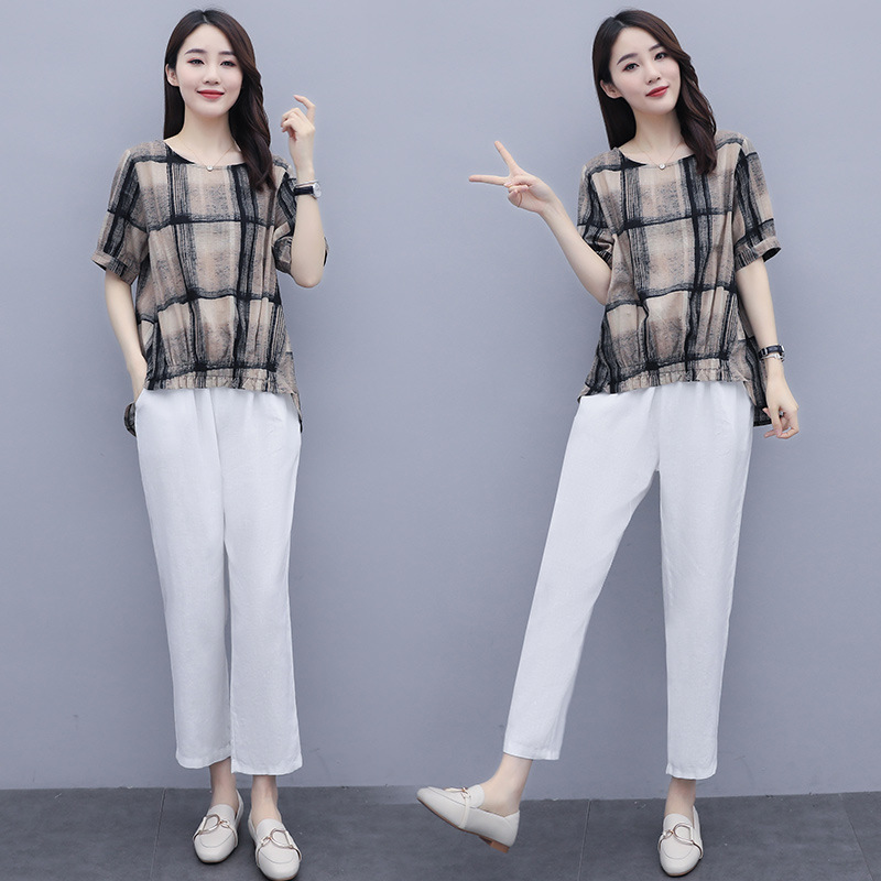 Loose Plaid Top Casual Plus Size Women's Harem Pants Nine-point Pants Two-piece Suit