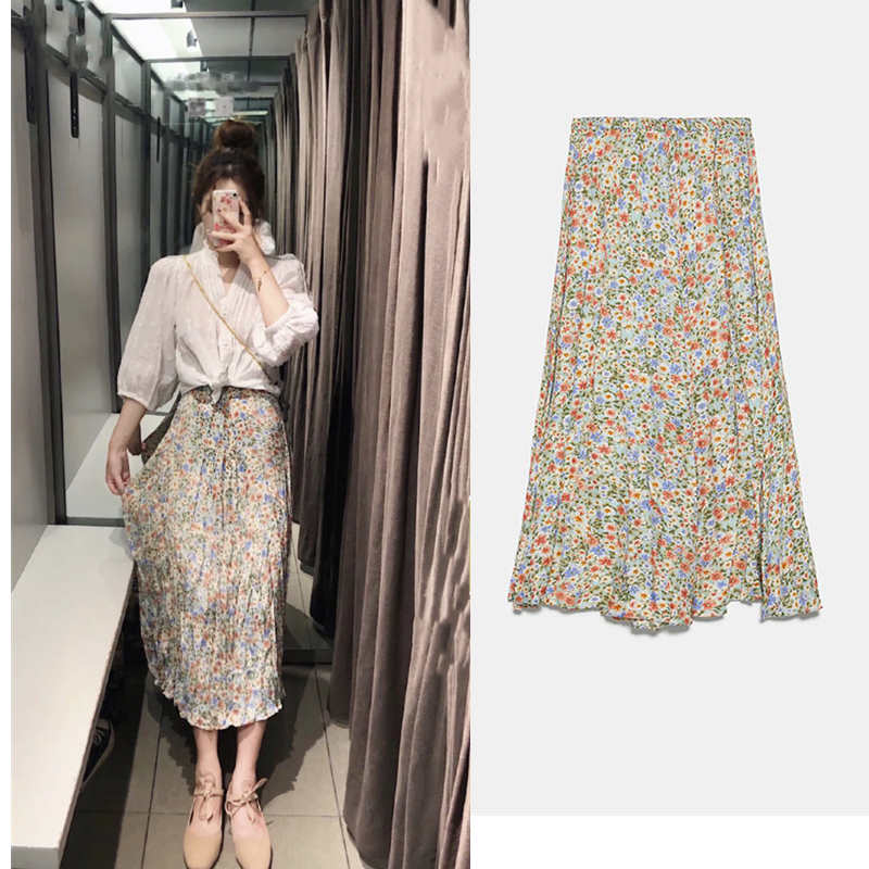 Explosive Women's Floral Skirt With Elastic Waist And Thin Print Skirt