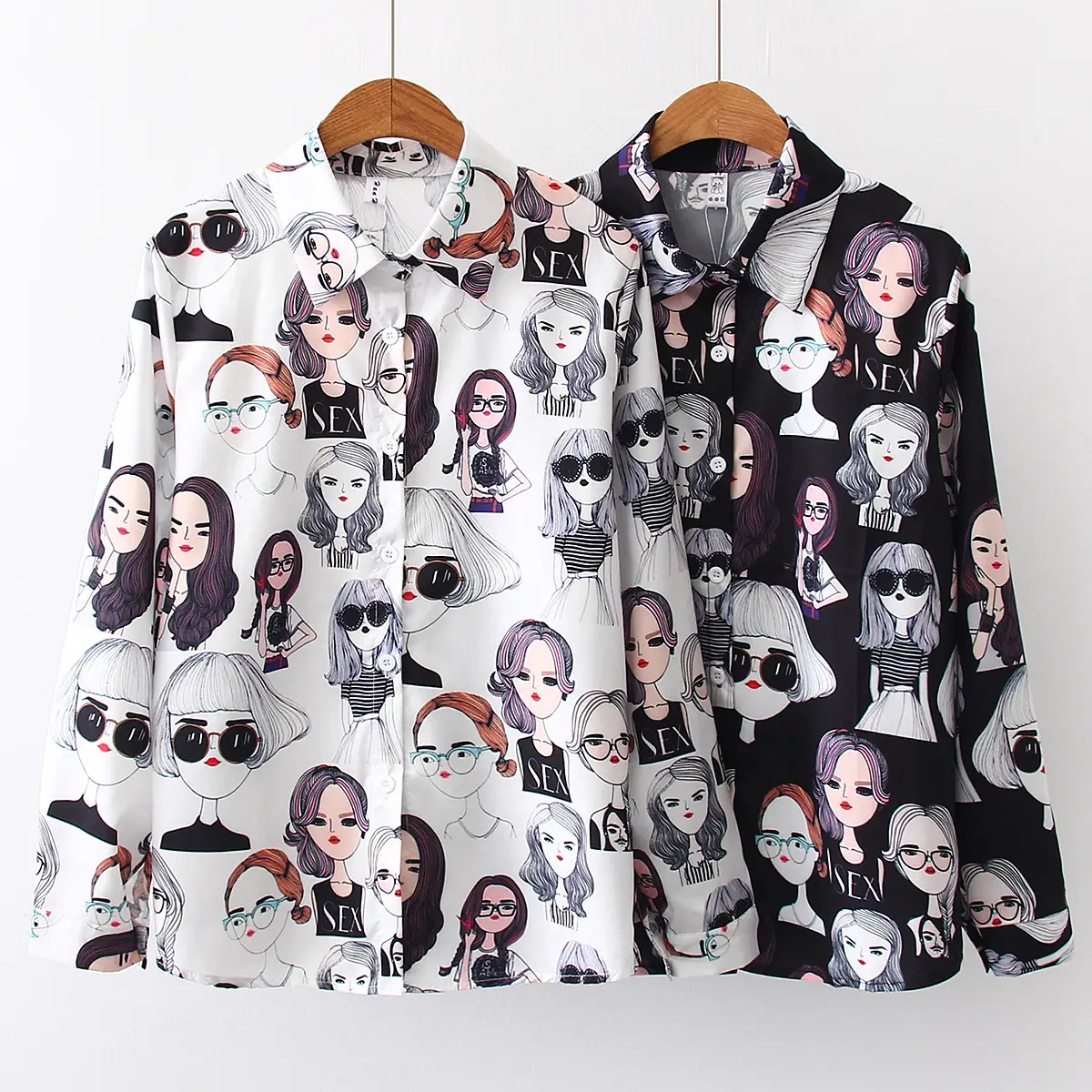 Retro Hong Kong Style Beauty Print Long-sleeved Blouse