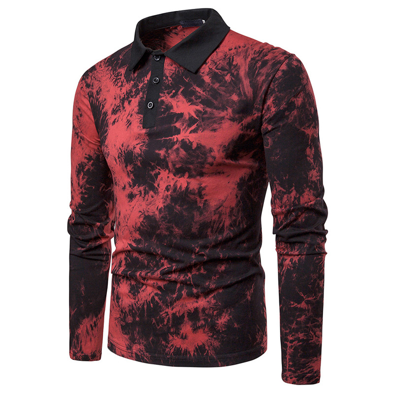 Casual Tie-dye Printed Slim-fit Lapel Long-sleeved T-shirt
