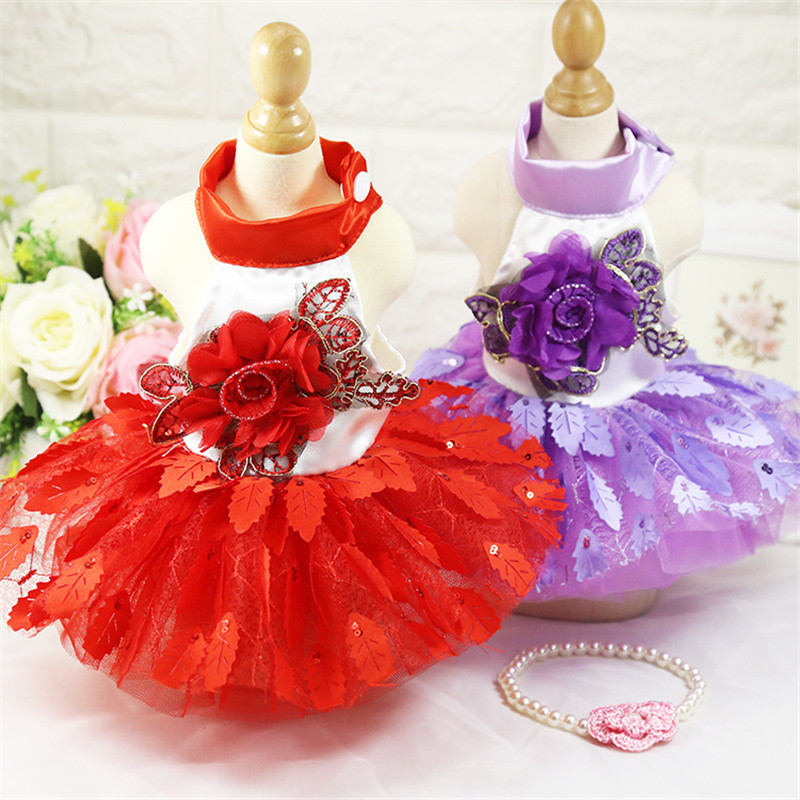 Dog Wedding Dress Shiny Tree Leaf Dress Red Big Purple Dress