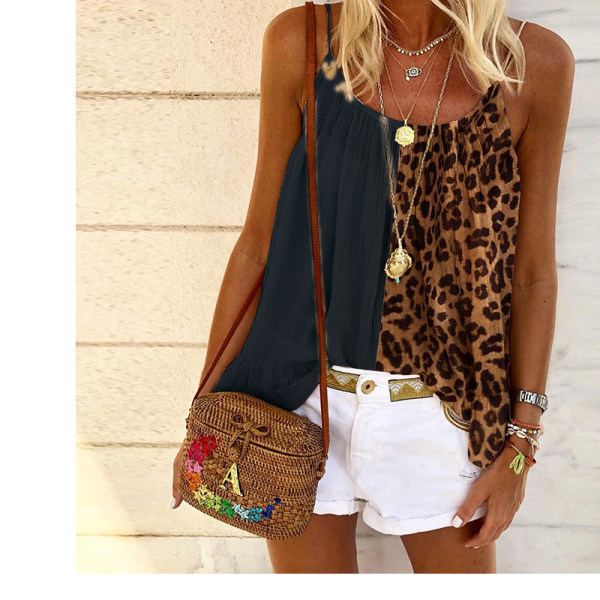 Ladies Leopard Print Stitching U-Neck Strap Chiffon Shirt