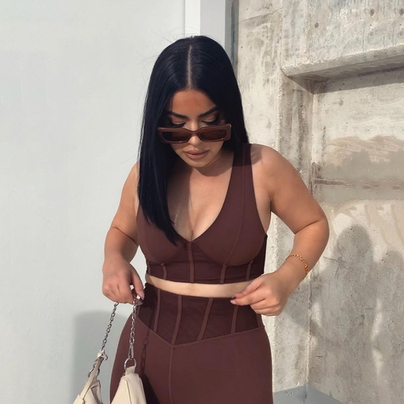 Women's Sexy Low-Cut Stitching Slim Breathable Sports Fitness Suit