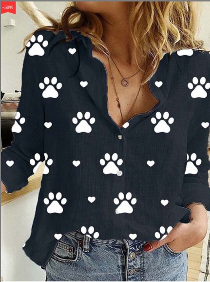 European And American Autumn New Style Paw Print Lapel Long-Sleeved Loose Shirt Women