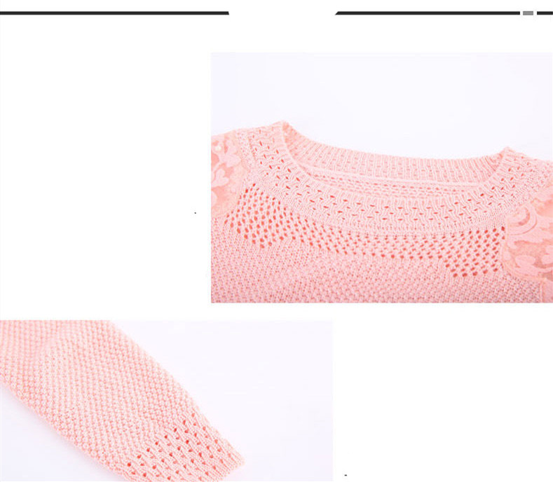 Hollow Knitted Sweater Women's Long-Sleeved Lace Beaded Round Neck Bottoming Shirt