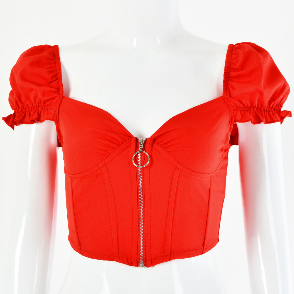 V-Neck Chest-Wrapped Zipper T-Shirt With Umbilical Ears