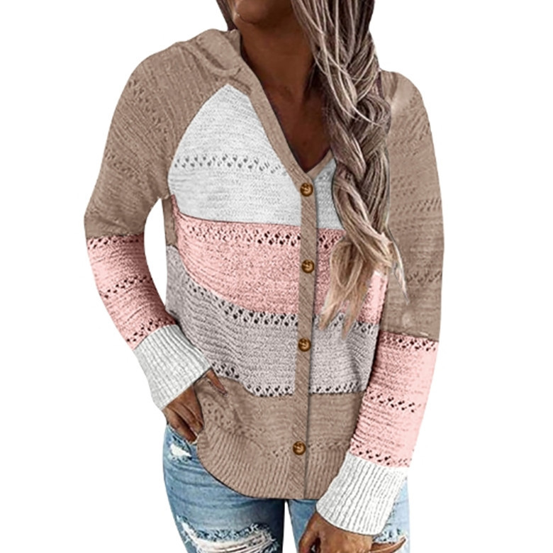 New Stitching Hooded V Neck Single Breasted Cardigan Sweater Women