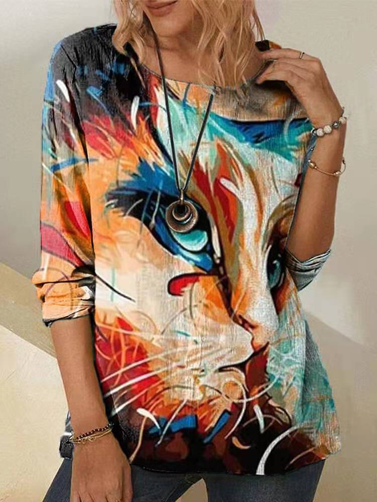 Loose Printed Long Sleeved Orange Padded Round Neck Bottoming Shirt