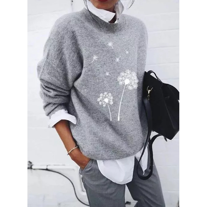 Loose Round Neck Floral Knit Solid Color Pullover Sweater