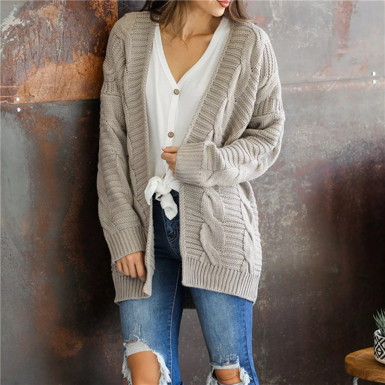 Long-Sleeved Mid-Length Large Twisted Rope Cardigan