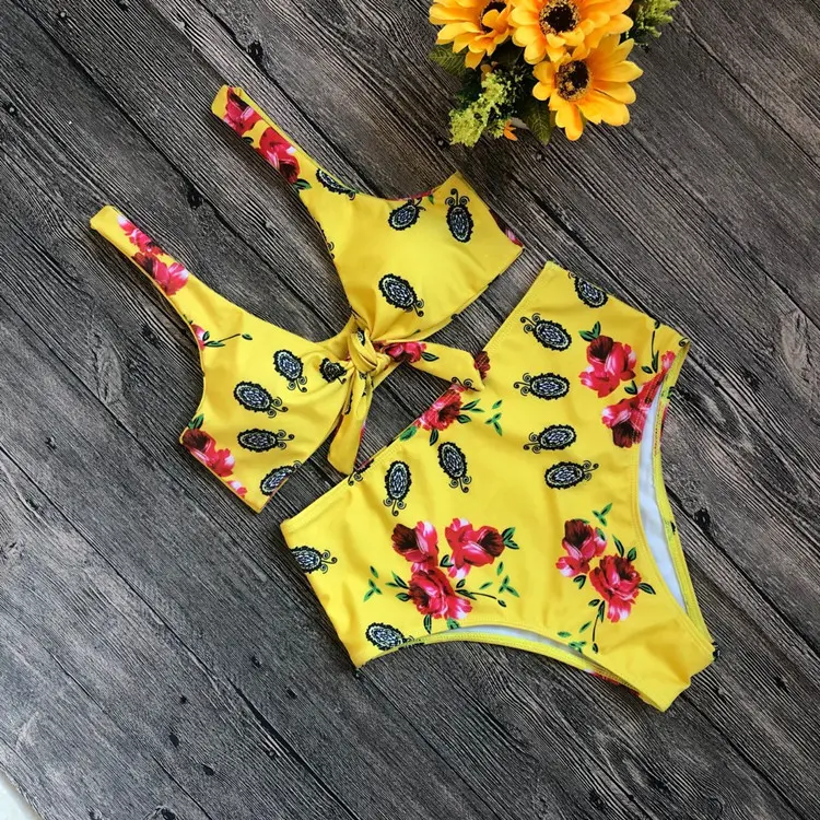 Cherry Print Bikini Push Up Front Knot Women Mujer