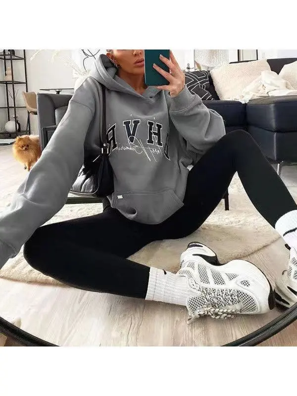 Ladies Letter Print Warm Long Sleeve Sweatshirt Grey - Shop at LoveMi