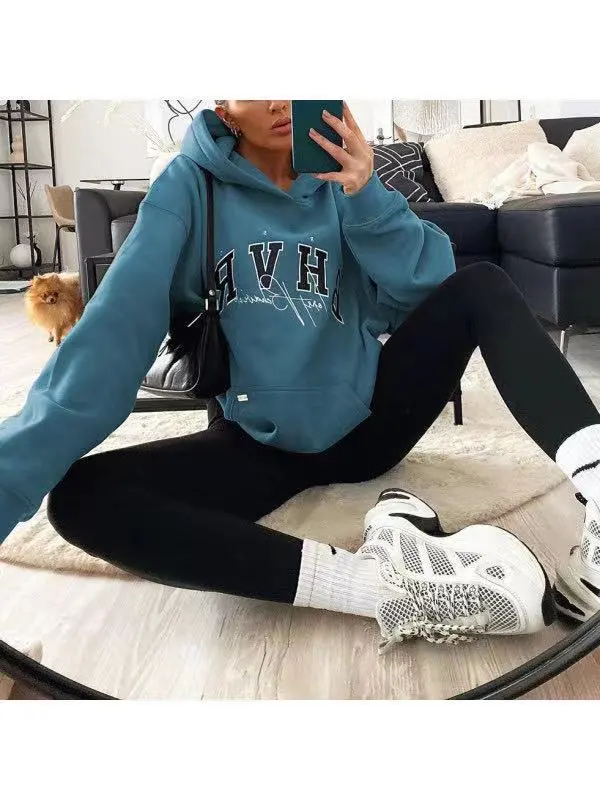 Ladies Letter Print Warm Long Sleeve Sweatshirt Blue - Shop at LoveMi