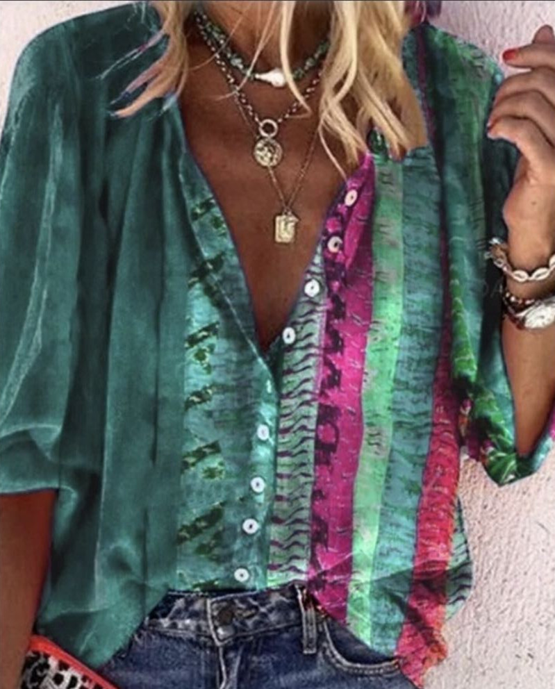 Printed Long-sleeved V-neck Buttoned Ladies Shirt