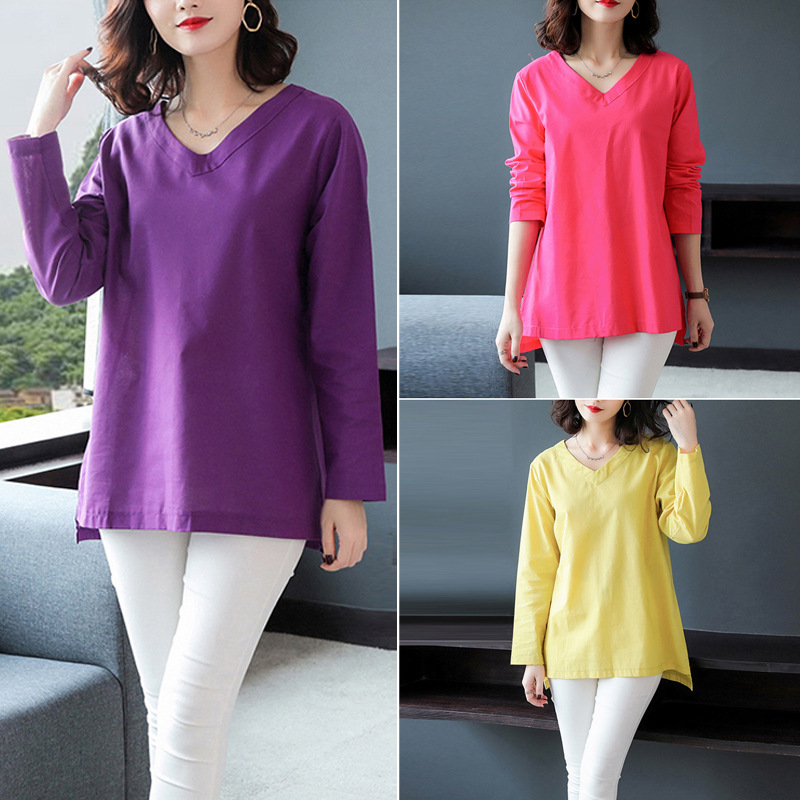 Loose Solid Color Cotton And Linen V Neck Long Sleeved T Shirt Women's Top