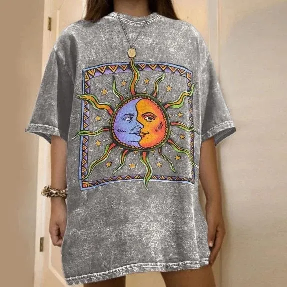 Round Neck Printing Stand Alone Stand Alone Short Sleeved T Shirt Grey - Shop at LoveMi