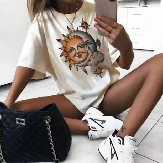 Round Neck Printing Stand Alone Stand Alone Short Sleeved T Shirt Apricot - Shop at LoveMi