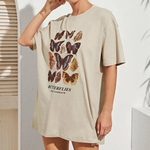 Round Neck Printing Stand Alone Stand Alone Short Sleeved T Shirt Beige - Shop at LoveMi