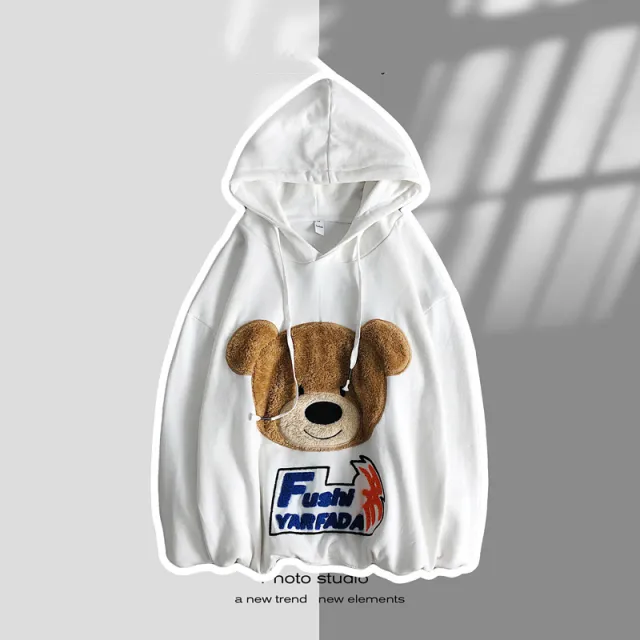 Plush Bear Embroidered Sweater Pullover Hoodie Red - Shop at LoveMi