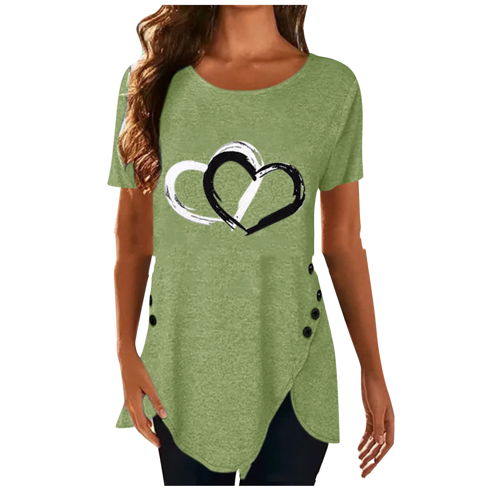 Love Print Irregular Button Short Sleeved  T shirt