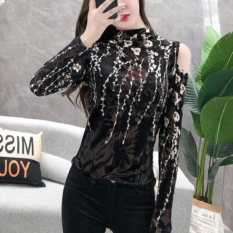 Half-High Collar Off-The-Shoulder Fancy Mesh Top