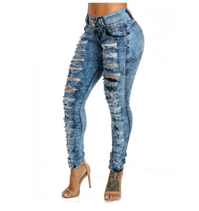 Ripped High waisted Breasted Jeans With Small Feet Blue - Shop at LoveMi