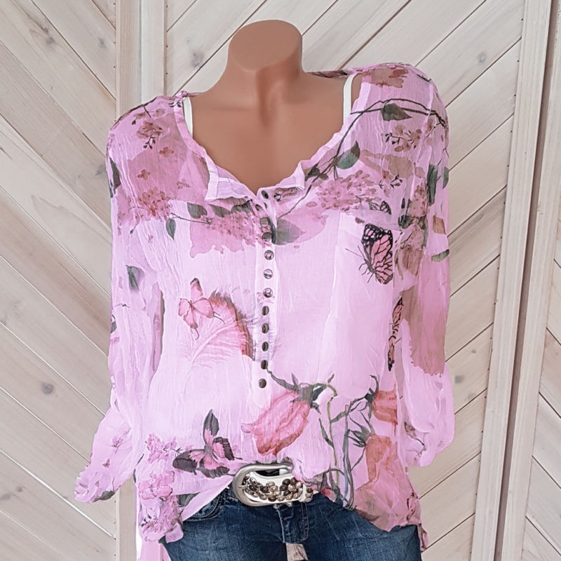 Printed Long-sleeved V-neck Button Top Chiffon Shirt