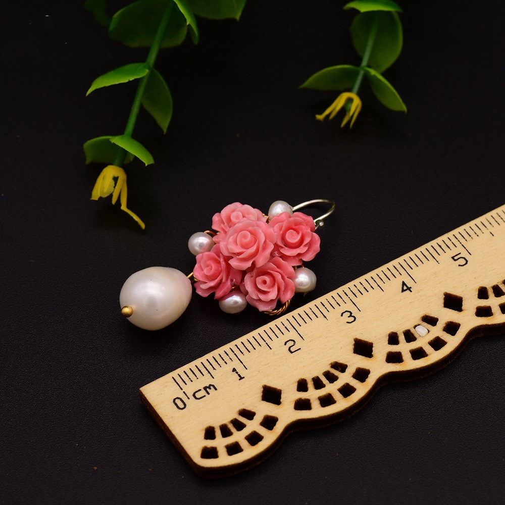 Natural Freshwater Pearl Coral Pink Embossed Earrings