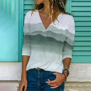 Gradient Print Women's Long Sleeve Slim T Shirt White - Shop at LoveMi