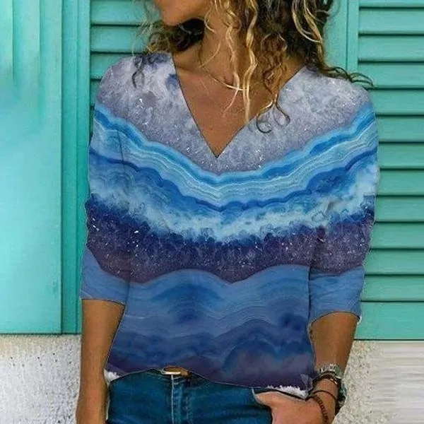Gradient Print Women's Long Sleeve Slim T Shirt Blue - Shop at LoveMi