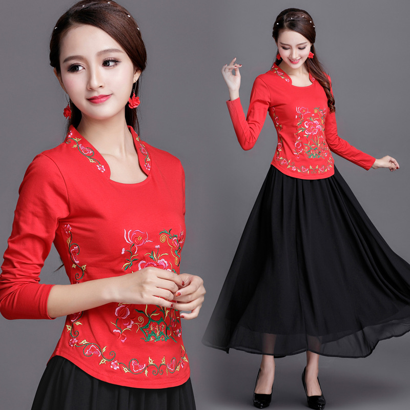 Embroidered Long-Sleeved T-Shirt Women Ethnic Style Women's Top