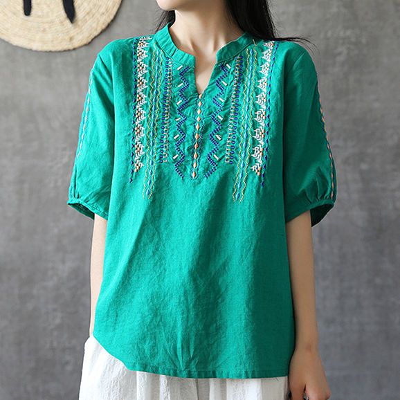Vintage Ethnic Style Literary Embroidery Short Sleeves