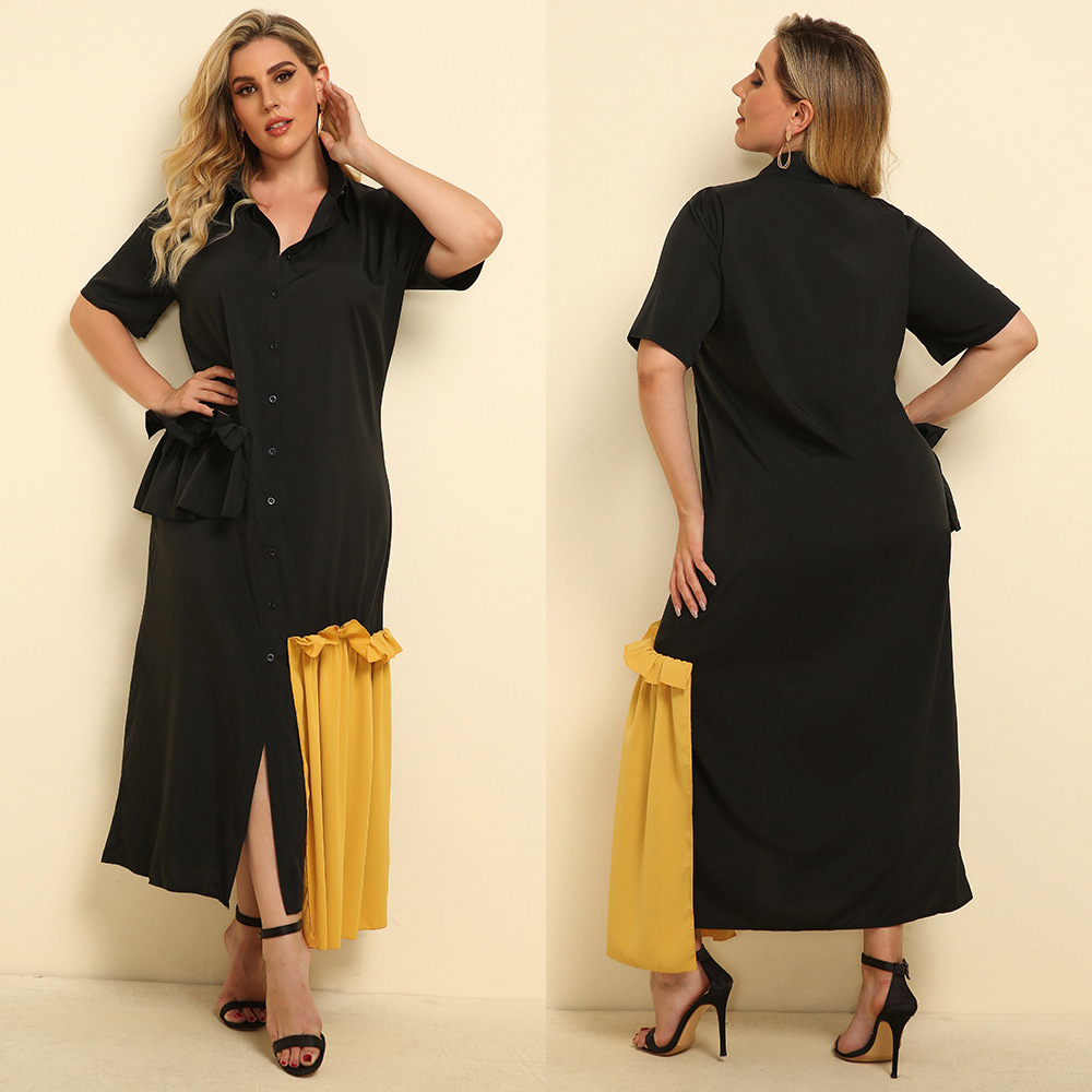 Fashion Lapel Contrast Color Ruffled Mid-Sleeve Dress