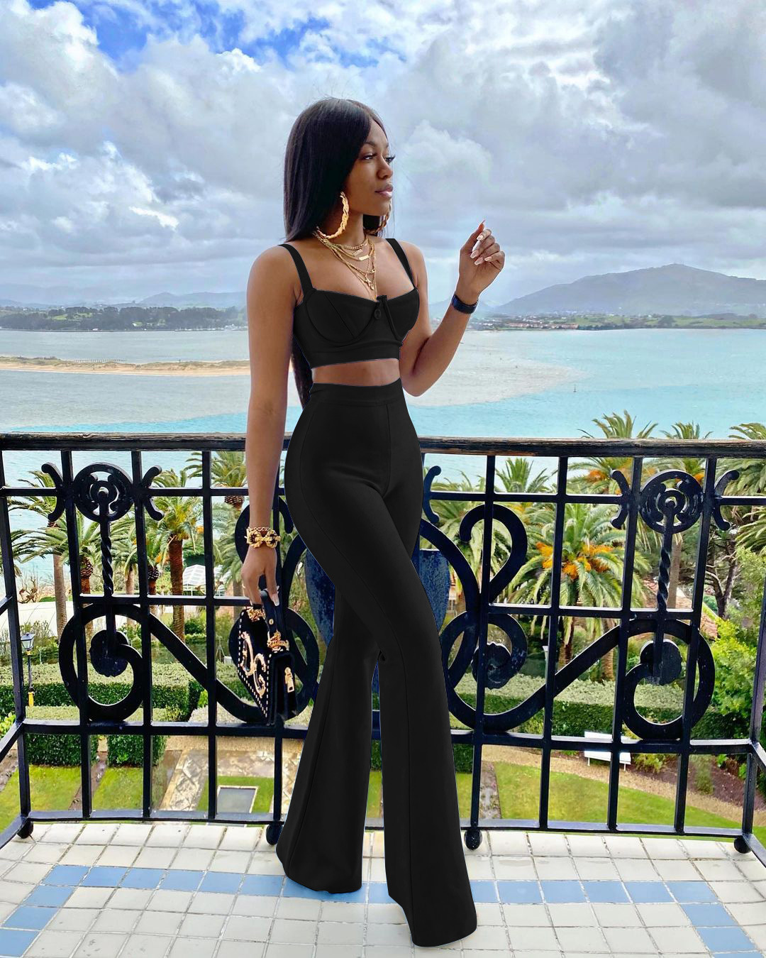 Sexy Wrapped Chest Strap High Waist Flared Pants Suit