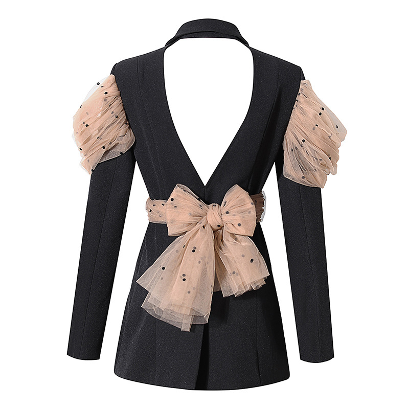 Polka Dot Mesh Stitching V-neck Halter Jacket