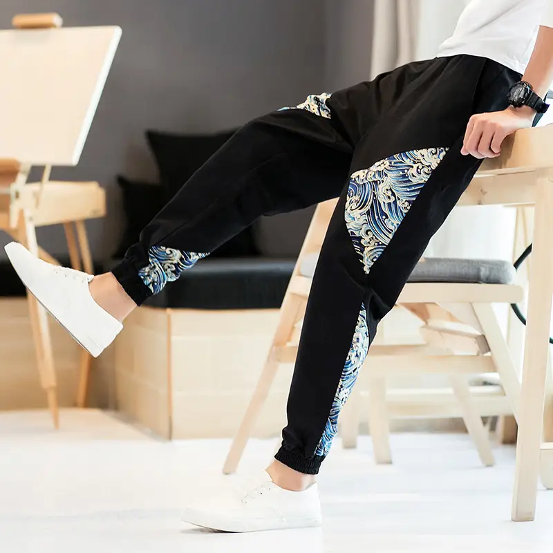 Autumn Men's Harem Feet Pants Japanese Youth Large Size Color Matching Cotton And Linen Trousers Men's Nine-Point Feet Pants Men