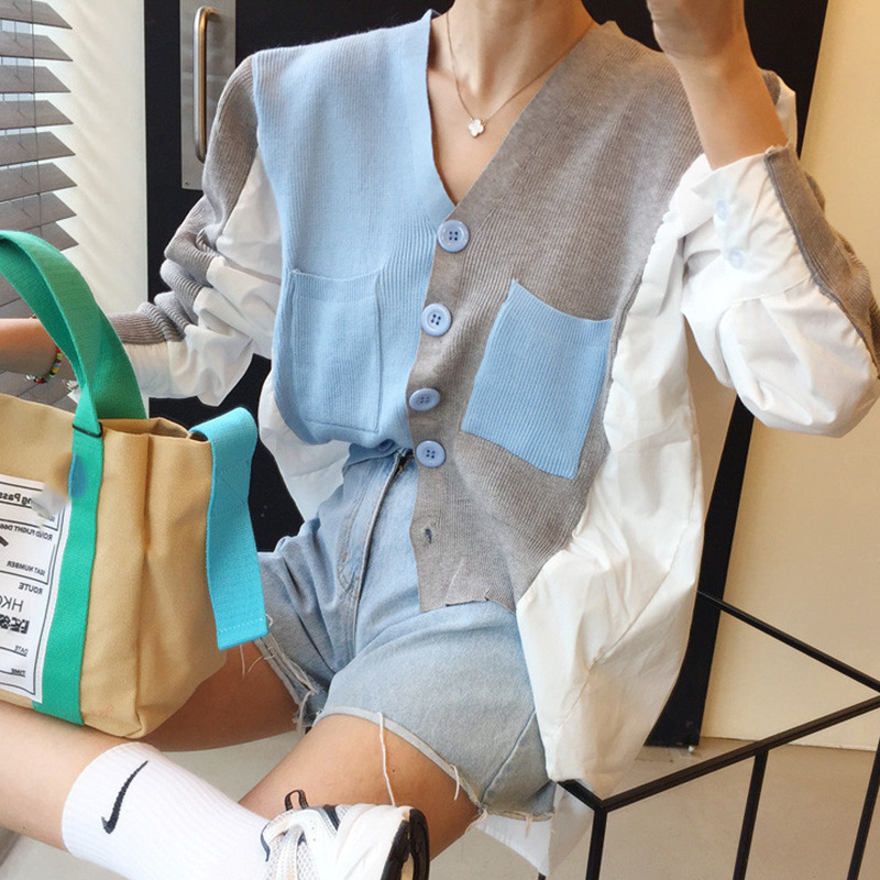 V-neck Color Block Sweater And High-waist  Skirt Suit